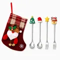 Festive Christmas stainless steel spoon and fork set with red plush stocking gift bag - Red Bag Silver [4pcs] Small Tree Spoon/hat Spoon/star Fork/reindeer Fork