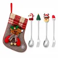 Christmas stainless steel spoon and fork set with stocking gift bag for holiday decor - Grey Bag Silver [4pcs] Old Man's Spoon/round Tree Fork/deer Spoon/hat Fork