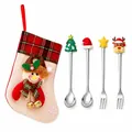 Christmas cutlery gift set featuring stainless steel spoons, forks, and a plaid stocking - Silver Powder Bag [4pcs] Small Tree Spoon/hat Spoon/star Fork/reindeer Fork