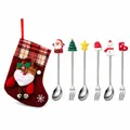 Christmas stainless steel spoon and fork set with festive toppers and gift stocking - Red Bag Silver [6pcs] Style A