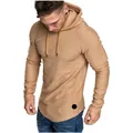 Close-up of men's camel hoodie with pleated sleeves and curved hem detail - M / Tops / Khaki