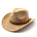 Side profile view of a vintage tan suede Western cowboy hat with a brown band - M (56-58cm) / Camel