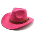 Detail shot of the pink faux suede texture and brown belt on this western cowboy hat - M (56-58cm) / Rose Red