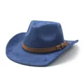 Detailansicht eines blauen Cowboyhuts aus Wildleder mit braunem Lederband und Schnalle - M (56-58cm) / Marineblau