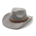Macro detail of grey suede cowboy hat showing the brown decorative band and tassel buckle - M (56-58cm) / Gray