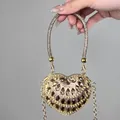 Elegant heart-shaped evening bag with sparkling brown rhinestones and gold chain - A446 Gold