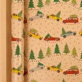 Retro 3m Christmas kraft wrapping paper roll with festive cars and trees pattern - Vintage Christmas Car / 43cmx3m