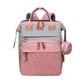 Detailed front view of pink and grey multi-functional diaper backpack with mini pouch - Foldable Crib Diaper Bag / Pinkish Grey