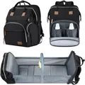 Multifunctional black diaper bag backpack with portable baby crib and bottle holders - Foldable Crib Diaper Bag / Black