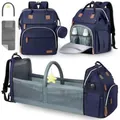Multi-functional navy blue diaper bag backpack with portable baby bassinet and thermal pockets - Foldable Crib Diaper Bag / Dark Blue
