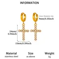 Gold stainless steel cross hoop earrings with rhinestones and size specifications - Rhinestone Cross Style (E6834) / Gold