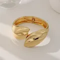 Elegante brazalete de aleación irregular dorado con bisagra y acabado metálico pulido. - Estilo de Resorte de Hoja Lineal (As0027)