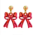 Eleganti orecchini pendenti a fiocco metallico rosa con perno dorato per il Natale - Fiocco Rosso