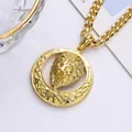 Hip hop style gold lion head circular pendant necklace with Cuban chain for men - 800 Silver / Gold