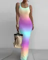 Close-up of vibrant pastel gradient sleeveless bodycon maxi dress with ribbed texture - S / Top And Bottom / Blue Rainbow