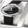 Close-up of women's quartz watch with black starry sky dial and matte strap - Standard / Silver Case - Black