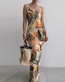Elegant slim-fit summer maxi dress with vibrant abstract marble print and thin straps. - S / Top And Bottom / Coffee