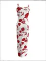 Summer sleeveless bodycon white maxi dress with elegant red floral print pattern - S / Top And Bottom / Ivory