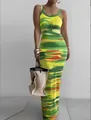 Sexy slim fit sleeveless maxi dress with vibrant green and yellow abstract print - S / Bottoms / Grass Green