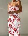 White slim fit midi dress with red floral print and one-shoulder design - S / Bottoms / Milky White