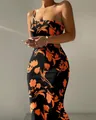 Elegant black bodycon maxi dress featuring orange floral print and a one-shoulder neckline - S / Bottoms / Dark Gray
