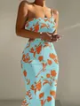 Summer light blue and orange floral print one-shoulder bodycon midi dress for women - S / Bottoms / Sky Blue