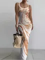 Elegant white bodycon maxi dress with brown marble print for summer wear - S / Tops / Multicolor (White Marble Print)