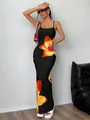 Elegant black bodycon camisole maxi dress featuring a vibrant orange floral print design - S / Tops / Black with Orange and Yellow Floral Print (A02)