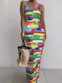 Sleeveless bodycon maxi dress with vibrant colorful geometric brushstroke print - S / Top And Bottom / Yellow Geometric Print