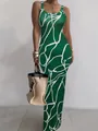 Elegant green slim fit camisole maxi dress with white abstract line pattern print - S / Top And Bottom / Sea Green Line Print