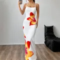 Elegant white bodycon cami maxi dress with vibrant red floral print for summer. - S / Bottoms / White