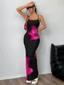 Elegant black spaghetti strap bodycon maxi dress featuring large pink floral prints - S / Bottoms / Rose Red