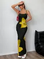 Slim fit black bodycon maxi dress with large yellow flower print and spaghetti straps - S / Bottoms / Ginger Yellow