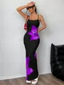 Sleek black bodycon maxi dress with vibrant purple floral print and thin straps - S / Bottoms / Purple