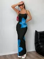 Elegant bodycon black maxi dress with large blue floral print and spaghetti straps - S / Top And Bottom / Lake Blue