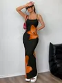 Bodycon black maxi dress with orange lily floral print and thin camisole straps - S / Top And Bottom / Orange
