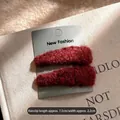 Set of two plush wine red lamb wool sherpa hair clips for women, dimensions 7.5cm by 2.2cm - 2PCS / Red