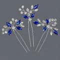 Elegant set of 3 bridal U-shaped hairpins featuring blue and clear floral rhinestones - Blue Diamond Luxury Versatile Hairpin Set Hs-j6405sblue