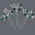 Three-piece bridal hairpin set with emerald green and clear rhinestones on silver wire - Green Diamond Luxury Versatile Hairpin Set Hs-j6405sgreen