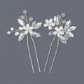 Elegant set of 2 silver pearl and rhinestone floral U-shaped hairpins for brides - Floral And Pearl Rhinestone Hairpin Set Hs-j6396