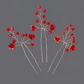 Elegant red rose and bead U-shaped hair pin set for bridal or daily elegant hairstyles - Red Diamond Versatile Photo Hairpin Set Hs-j6440erd