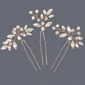 Set of three rose gold U-shaped bridal hairpins with clear marquise crystals - Gold Floral And Leaf Versatile Hairpin Set Hs-j6405g