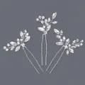 Elegant set of three silver bridal hairpins featuring sparkling marquise rhinestone leaf motifs - Silver Floral And Leaf Versatile Hairpin Set Hs-j6405