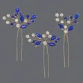 Exquisite set of three bridal U-shaped hair pins with blue and clear rhinestones - Blue Diamond Floral And Leaf Versatile Hairpin Set Hs-j6405ghblue