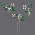 Elegant set of 3 gold U-shaped hair pins with emerald green and clear crystals for brides - Green Diamond Floral And Leaf Versatile Hairpin Set Hs-j6405ghg