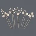 Elegant set of 5 gold-wired pearl flower U-shaped hairpins for bridal hair - Gold Flower Photo Hairpin Set Hs-j7497g