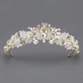 Elegant bridal crown tiara featuring floral pearls and sparkling rhinestones - Gold