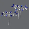 Elegant silver bridal U-shaped hairpin set featuring deep blue and clear marquise rhinestones - Blue Diamond Luxury Party Hairpin Hs-j7147sblue