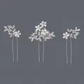 Set of 3 elegant silver bridal U-shaped hairpins with pearls and rhinestone leaf designs - Silver Versatile Floral Hairpin Set Hs-j6902s