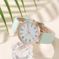 Close-up of women's quartz watch with mint green lychee pattern leather strap and rose gold case - Light Green